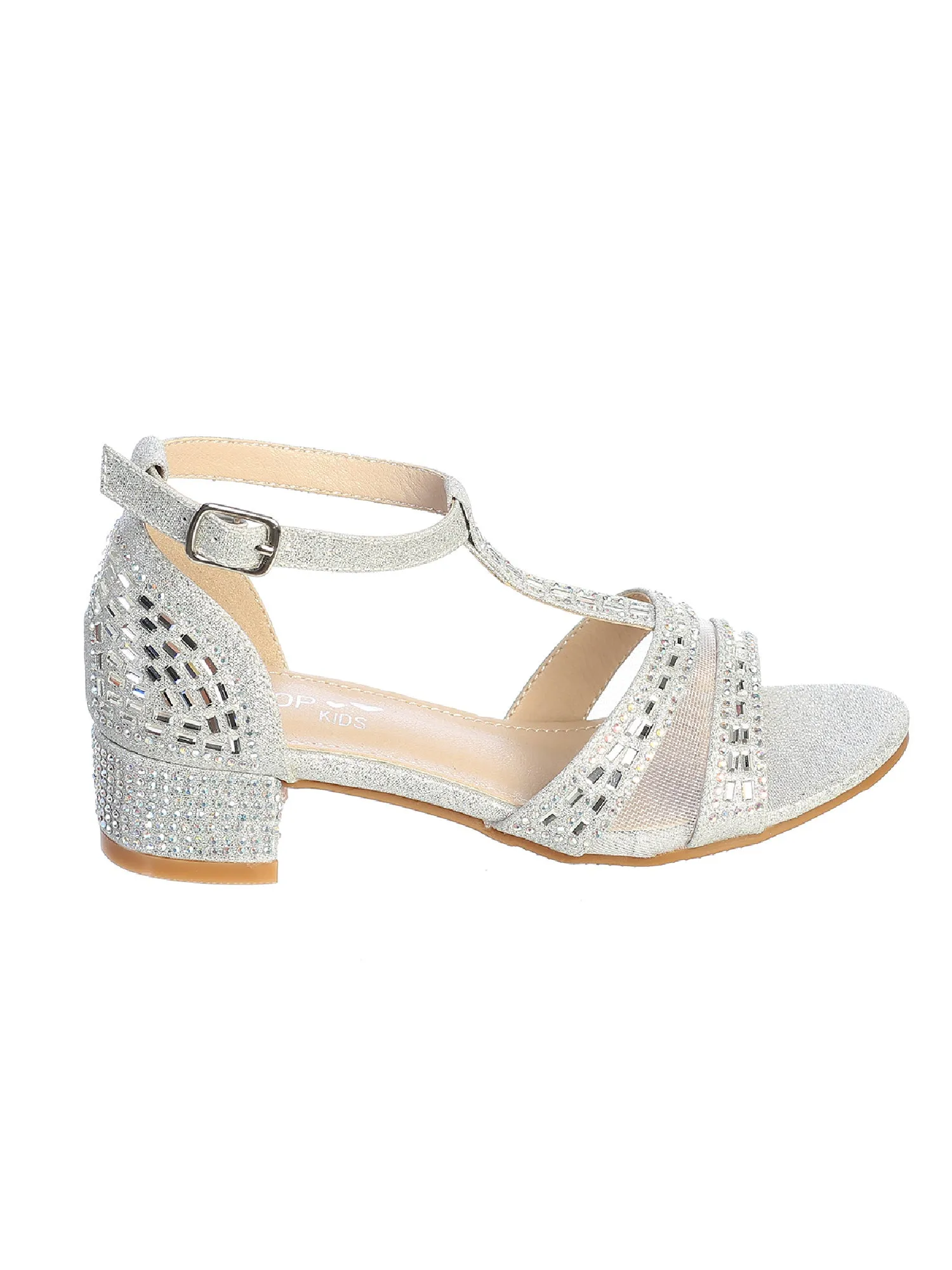 Girls Silver Rhinestone Heel T Strap Dress Sandals 9 Toddler-5 Kids
