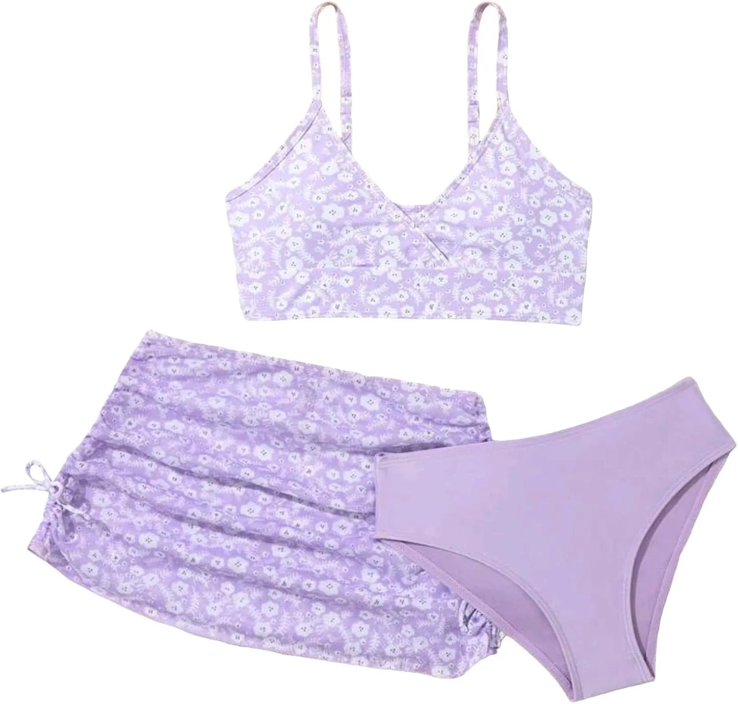 Girls Swimsuit 3 Piece Bathing Suits Quick Dry Floral Print Bikini Set with Beach Cover Up Hawaii Beach Kids Swimwear