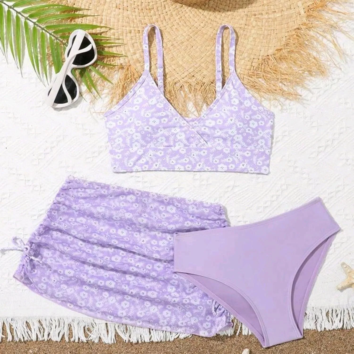Girls Swimsuit 3 Piece Bathing Suits Quick Dry Floral Print Bikini Set with Beach Cover Up Hawaii Beach Kids Swimwear