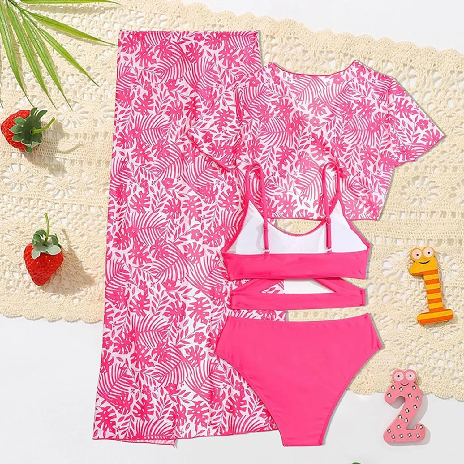Girls Swimsuit Bikini Set 4 Piece Tropical Print Halter Bathing Suit with Quick Dry Cover Up Pants Hawaii Swimwear