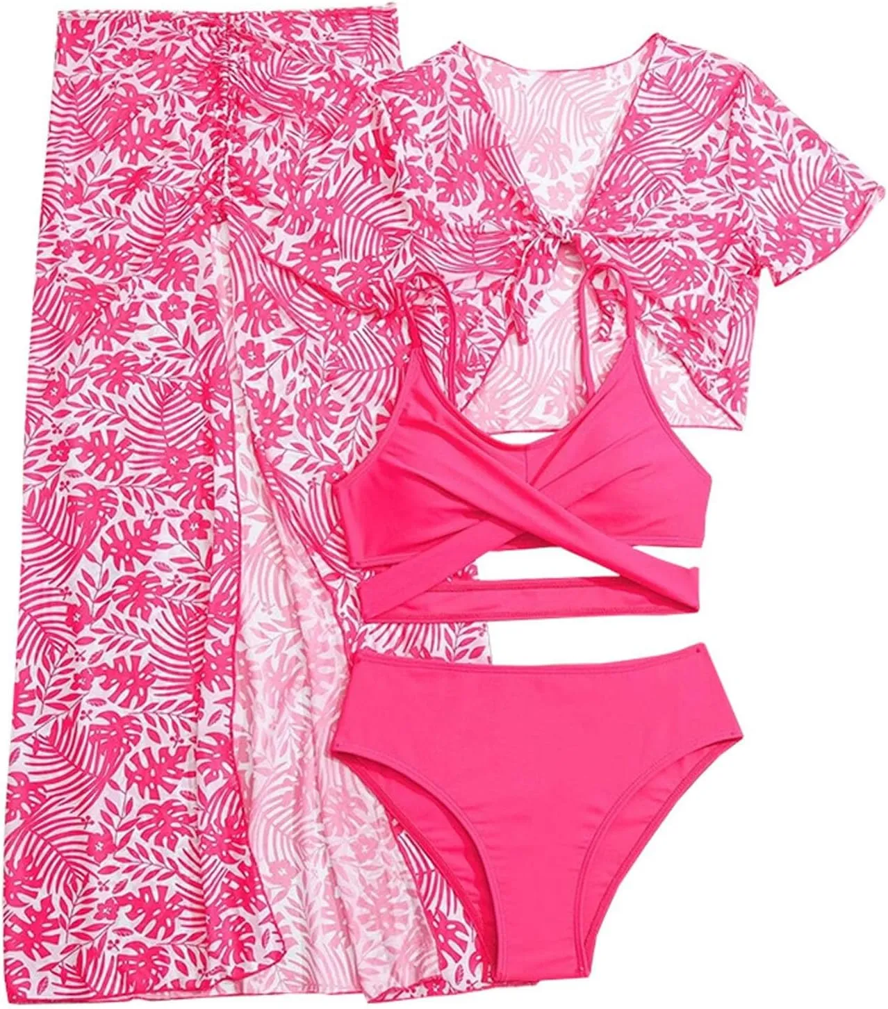 Girls Swimsuit Bikini Set 4 Piece Tropical Print Halter Bathing Suit with Quick Dry Cover Up Pants Hawaii Swimwear
