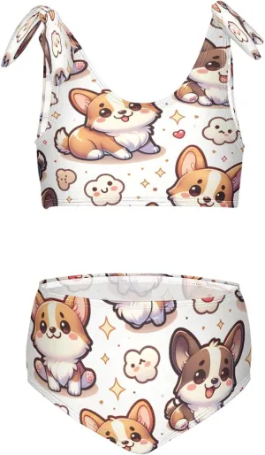 Girls Swimsuits Set 2pcs Smile Dog Bathing Bikini Suits Tie Tankini