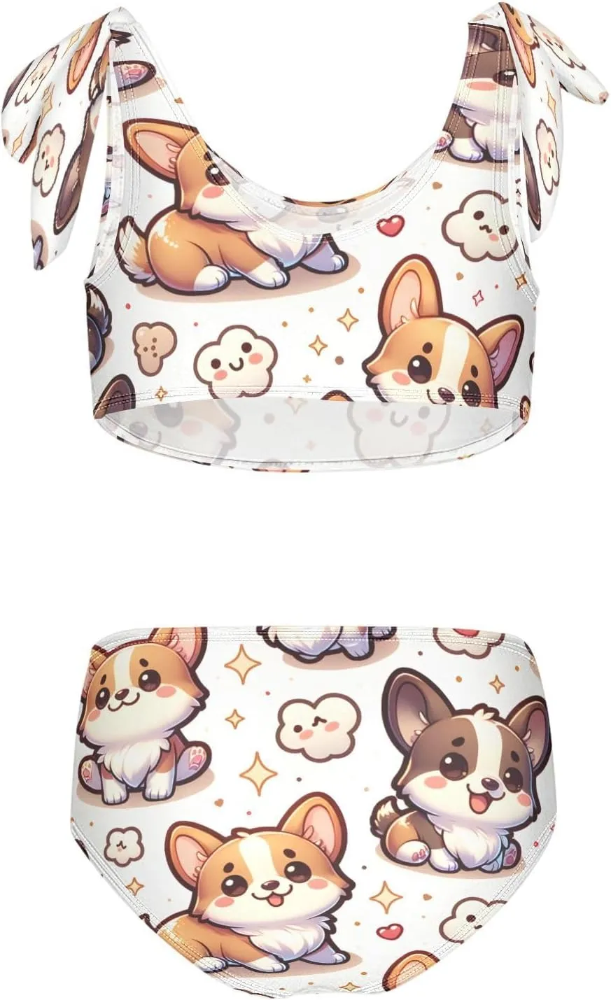 Girls Swimsuits Set 2pcs Smile Dog Bathing Bikini Suits Tie Tankini