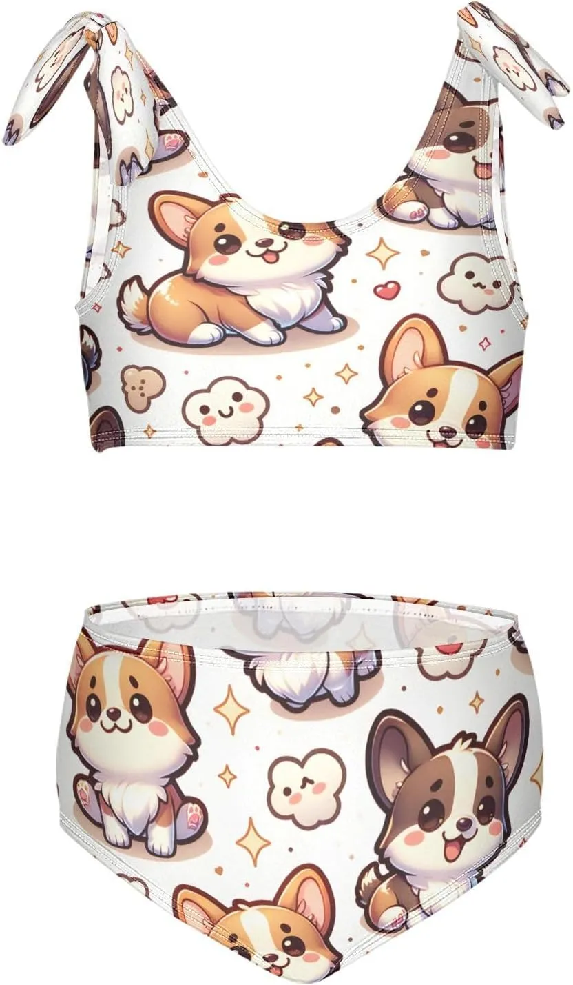 Girls Swimsuits Set 2pcs Smile Dog Bathing Bikini Suits Tie Tankini