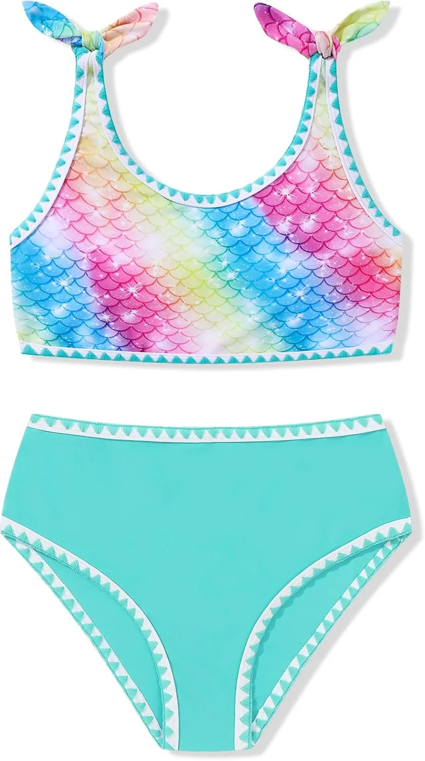 Girls Two Piece Swimsuits Color Block Bowknot Swimwear Summer Beach Bikini Set Little Girl Bathing Suit with Chest Pad 3-10T