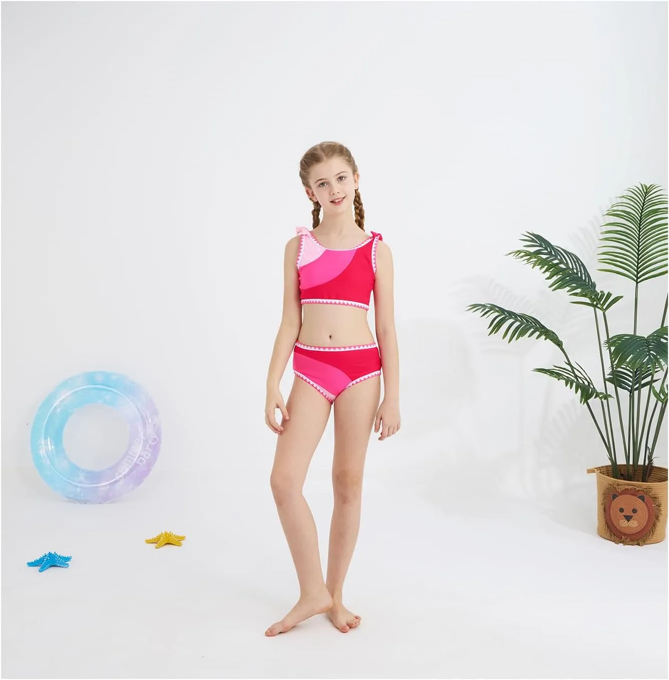 Girls Two Piece Swimsuits Color Block Bowknot Swimwear Summer Beach Bikini Set Little Girl Bathing Suit with Chest Pad 3-10T