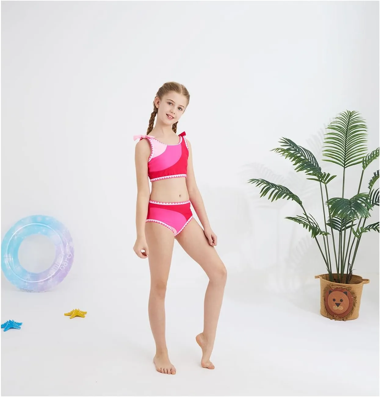 Girls Two Piece Swimsuits Color Block Bowknot Swimwear Summer Beach Bikini Set Little Girl Bathing Suit with Chest Pad 3-10T
