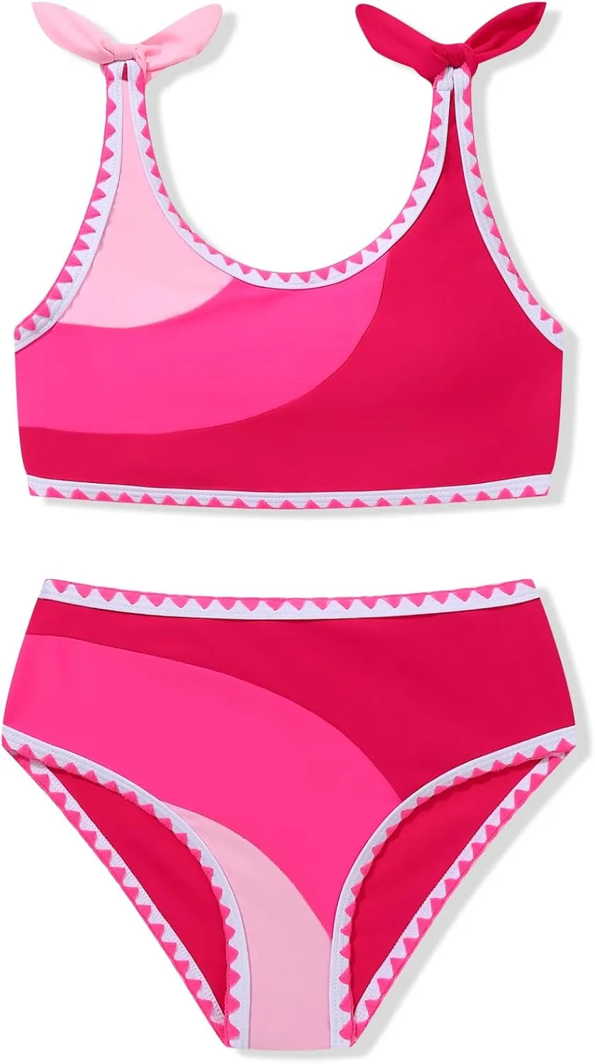 Girls Two Piece Swimsuits Color Block Bowknot Swimwear Summer Beach Bikini Set Little Girl Bathing Suit with Chest Pad 3-10T