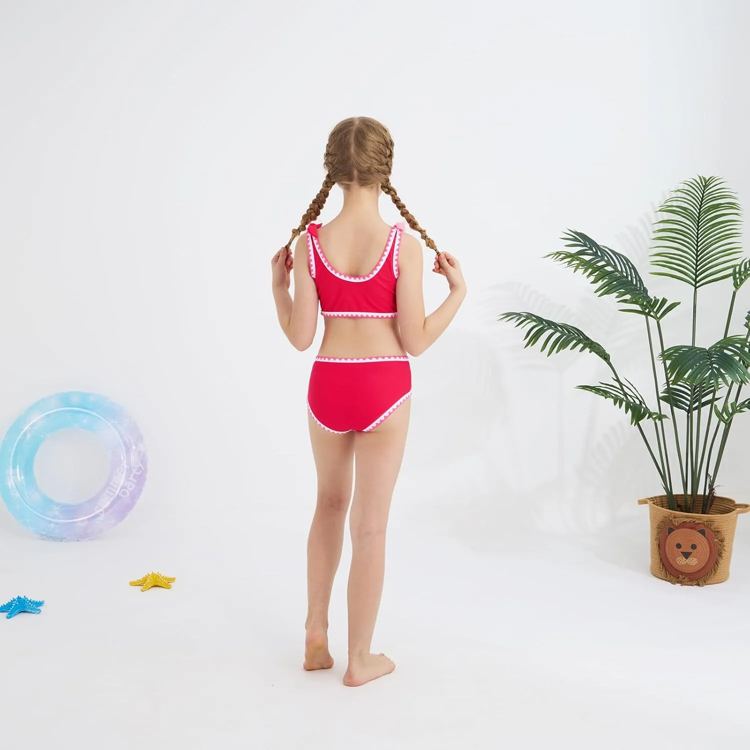 Girls Two Piece Swimsuits Color Block Bowknot Swimwear Summer Beach Bikini Set Little Girl Bathing Suit with Chest Pad 3-10T