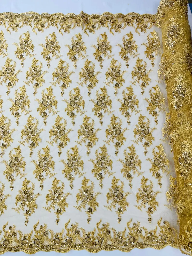 Gorgeous gold French design embroider and beaded on a mesh lace. Wedding/Bridal/Prom/Nightgown fabric-dresses-apparel-fashion-sold by yard.