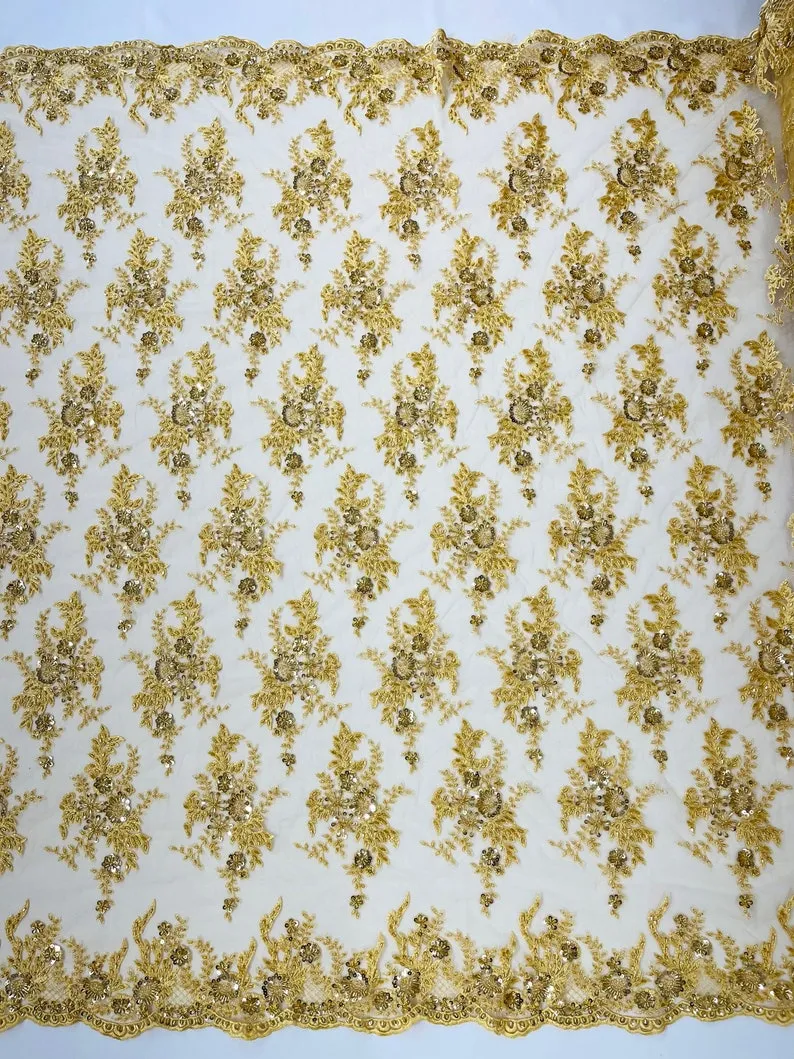 Gorgeous gold French design embroider and beaded on a mesh lace. Wedding/Bridal/Prom/Nightgown fabric-dresses-apparel-fashion-sold by yard.