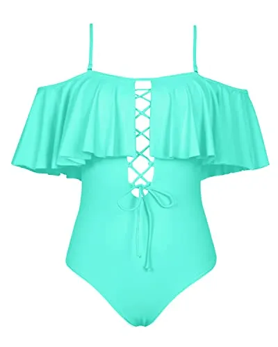 Gorgeous Lace-Up Flounce One Piece Swimsuit For Juniors-Aqua