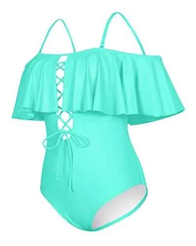 Gorgeous Lace-Up Flounce One Piece Swimsuit For Juniors-Aqua