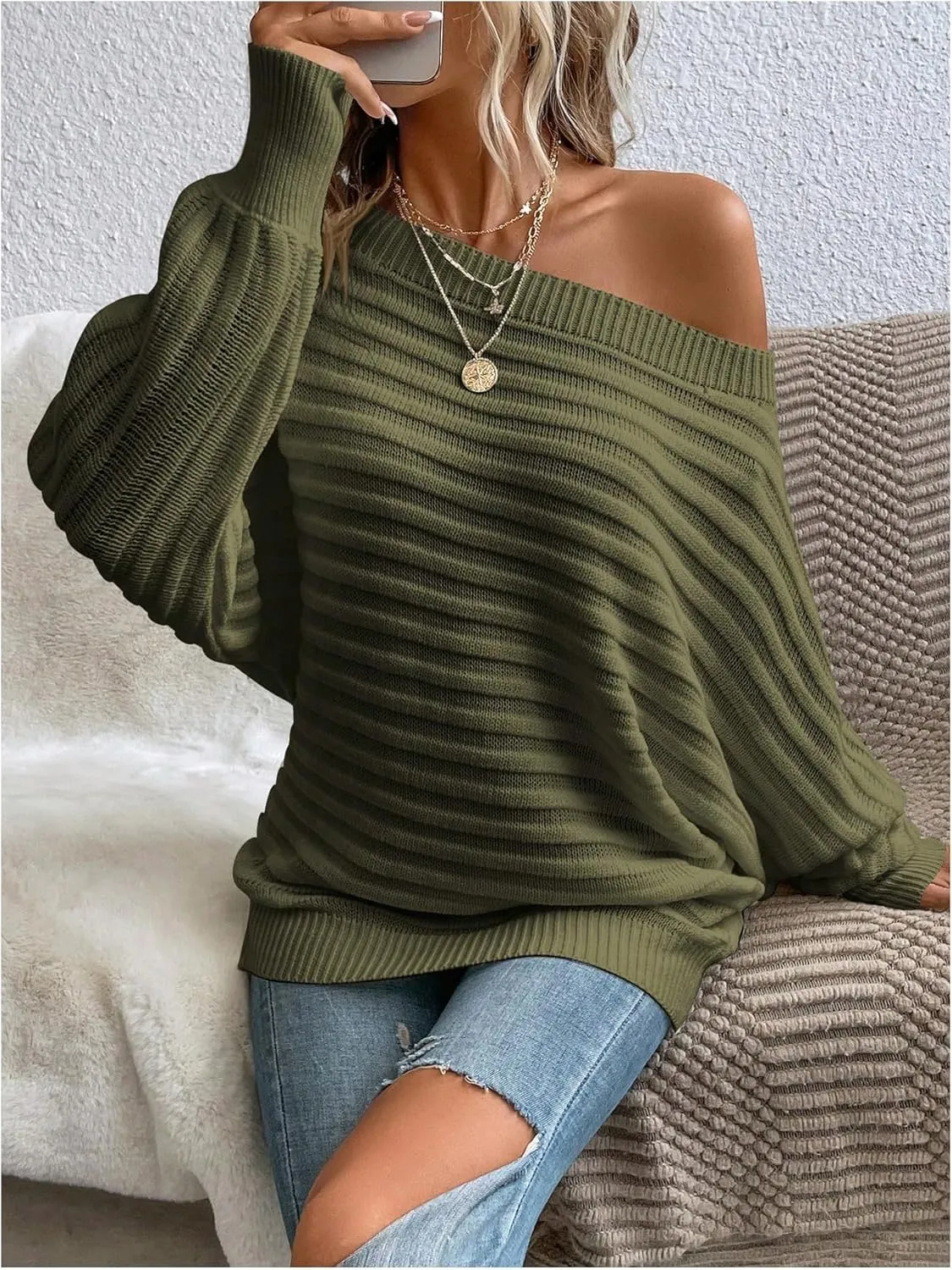 GORGLITTER Women's One Shoulder Oversized Sweater Knit Tops Long Sleeve Loose Fall Sweater Dressy Casual 2024