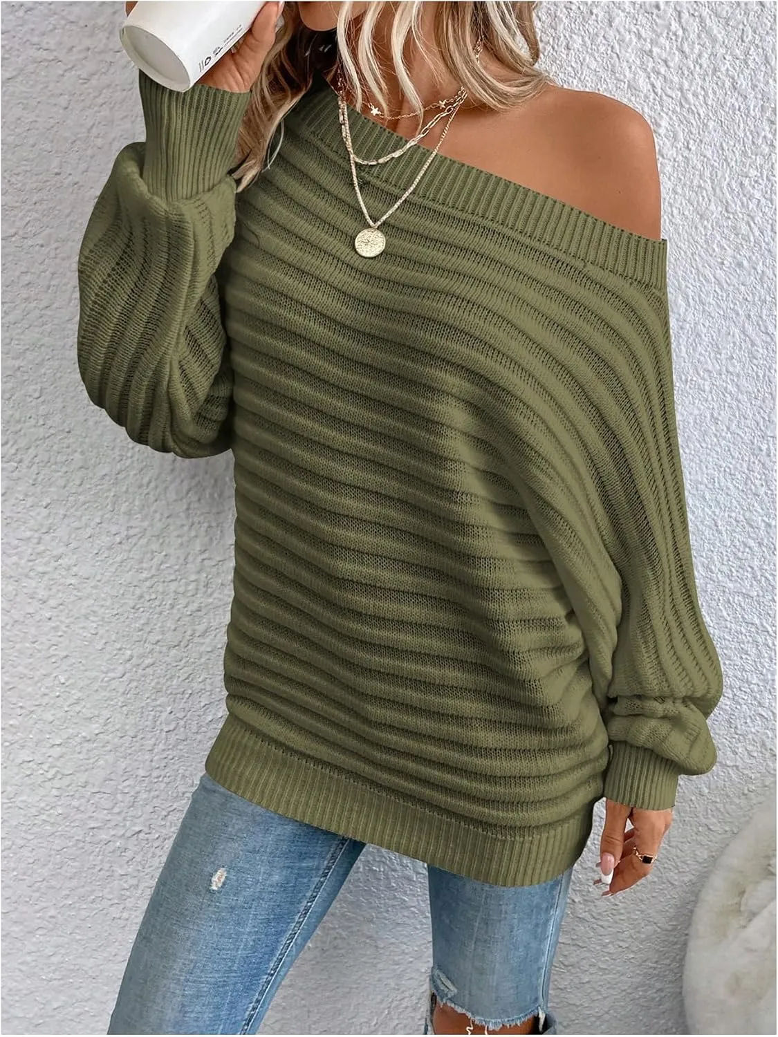 GORGLITTER Women's One Shoulder Oversized Sweater Knit Tops Long Sleeve Loose Fall Sweater Dressy Casual 2024