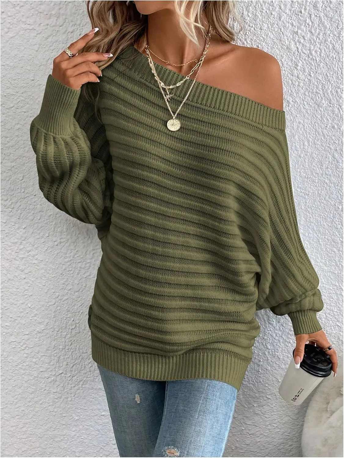 GORGLITTER Women's One Shoulder Oversized Sweater Knit Tops Long Sleeve Loose Fall Sweater Dressy Casual 2024