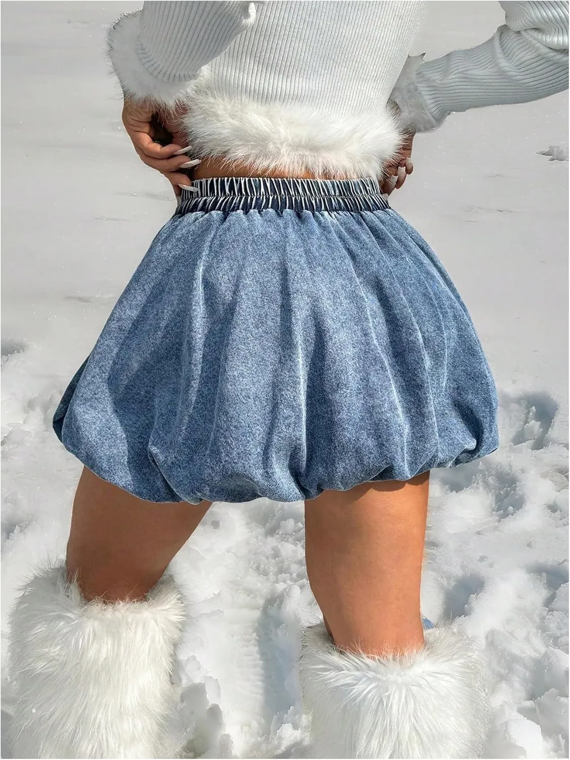 GORGLITTER Women's Puff Bubble Ruffle Denim Skirt Button Front Elastic Waist Mini Skirts