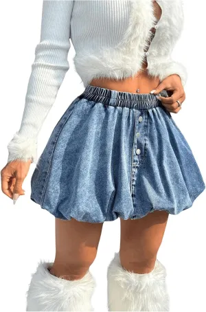 GORGLITTER Women's Puff Bubble Ruffle Denim Skirt Button Front Elastic Waist Mini Skirts