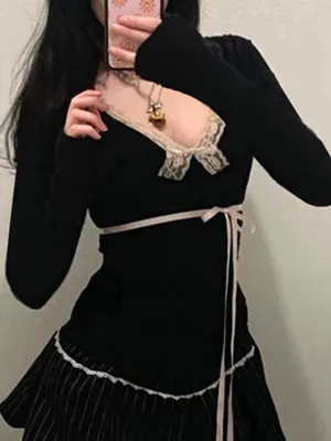 Gothic Black Lace Patchwork Bow Top