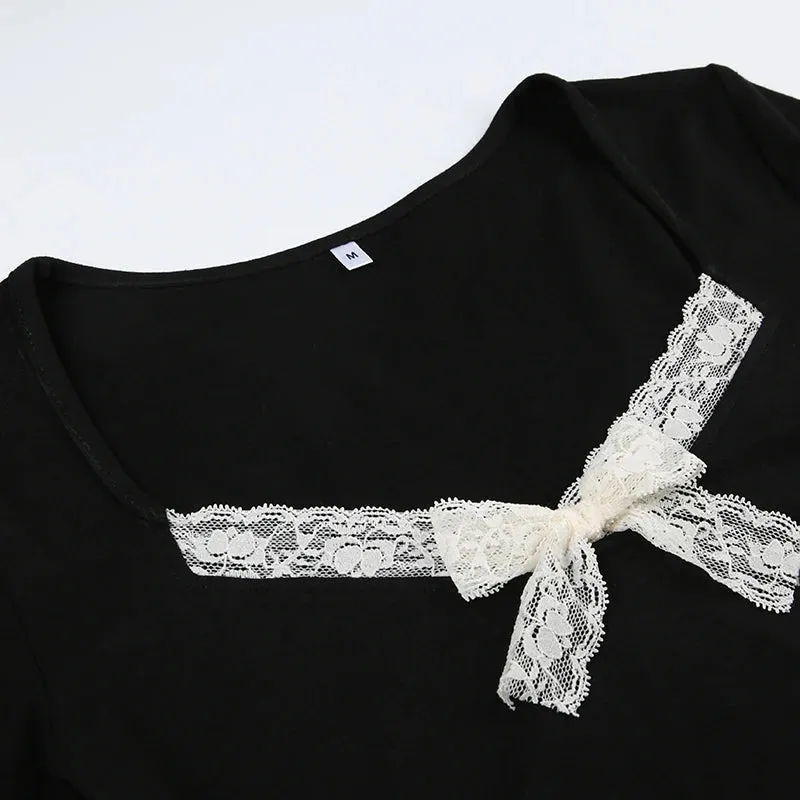 Gothic Black Lace Patchwork Bow Top