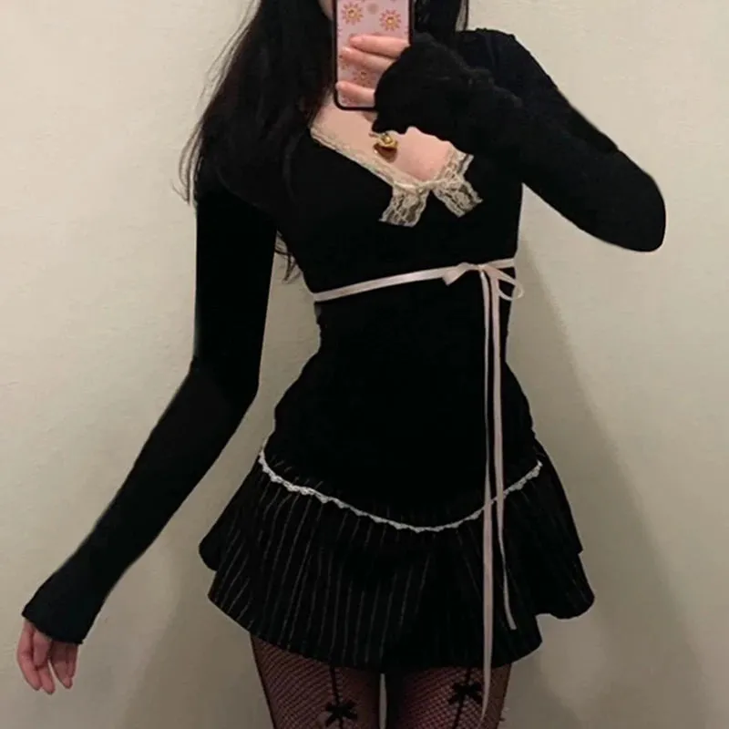 Gothic Black Lace Patchwork Bow Top