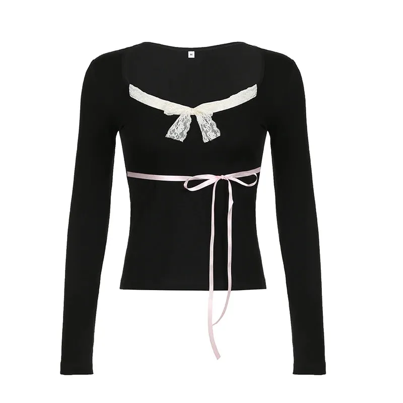 Gothic Black Lace Patchwork Bow Top