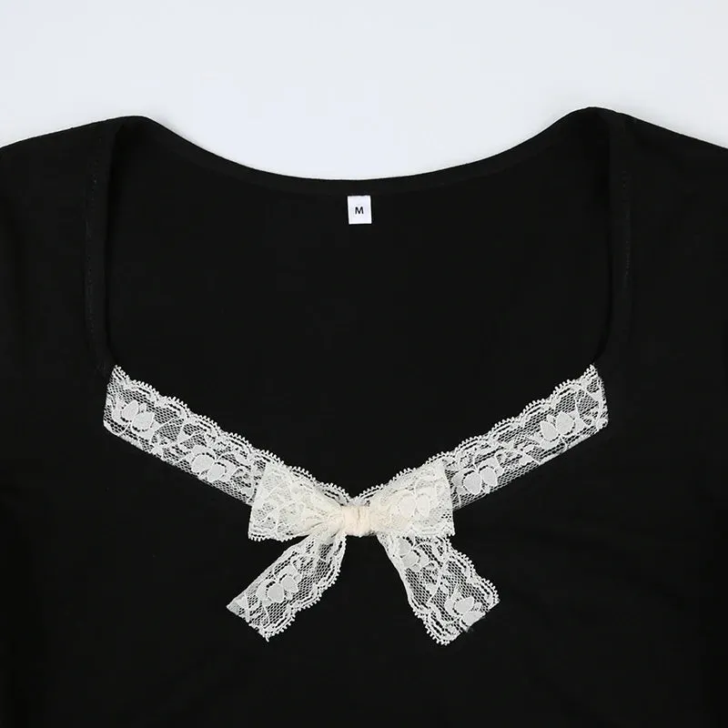 Gothic Black Lace Patchwork Bow Top