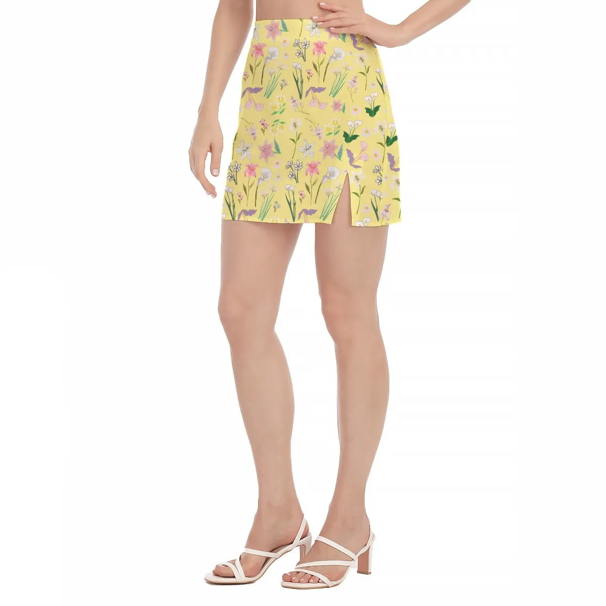 Graphic Lillies Yellow Side Split Hip Skirt No Pockets up to 2 XL (FWS)