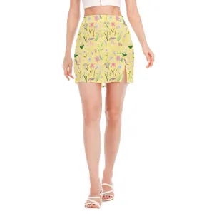Graphic Lillies Yellow Side Split Hip Skirt No Pockets up to 2 XL (FWS)