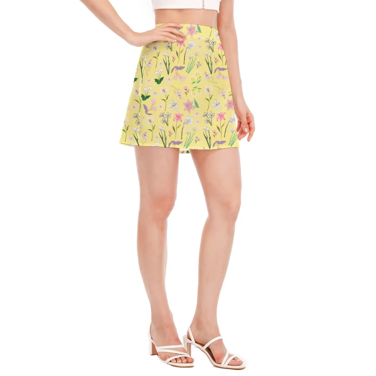 Graphic Lillies Yellow Side Split Hip Skirt No Pockets up to 2 XL (FWS)