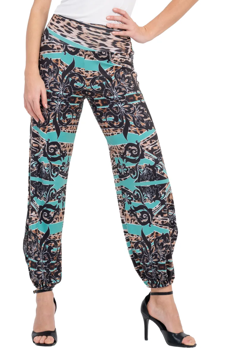 Green Abstract Animal Print Babucha Tango Pants With Slits