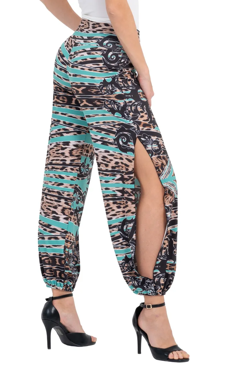 Green Abstract Animal Print Babucha Tango Pants With Slits
