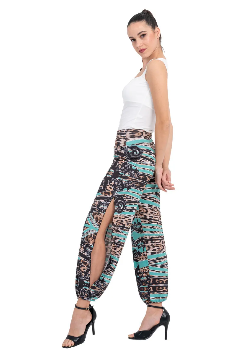 Green Abstract Animal Print Babucha Tango Pants With Slits