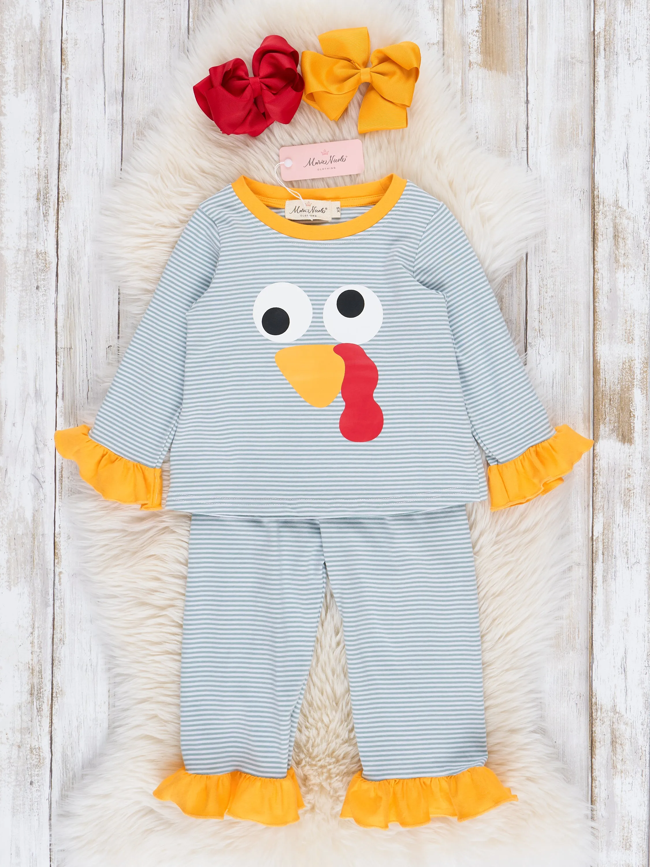 Grey Striped Turkey Ruffle Pajamas