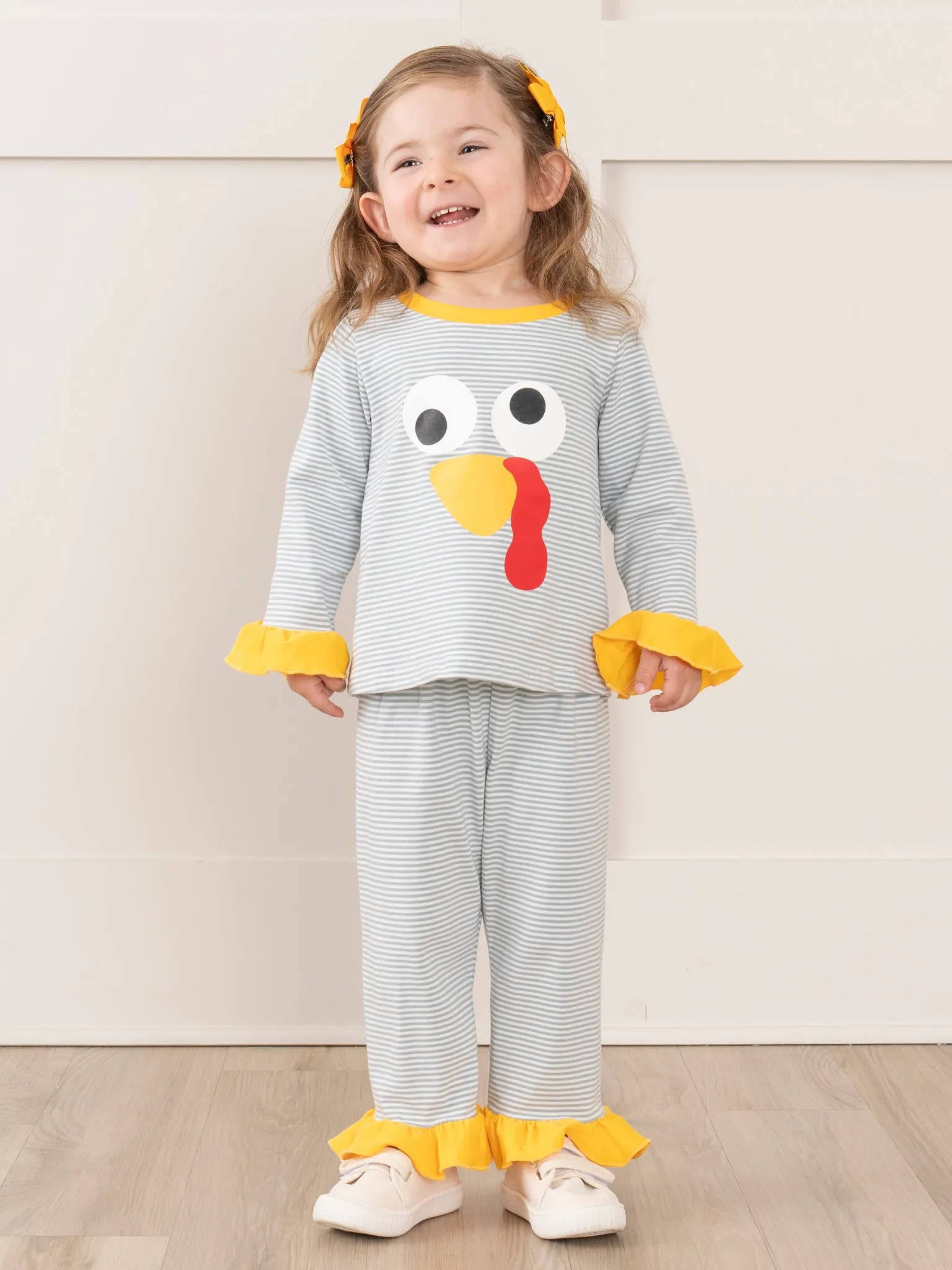 Grey Striped Turkey Ruffle Pajamas