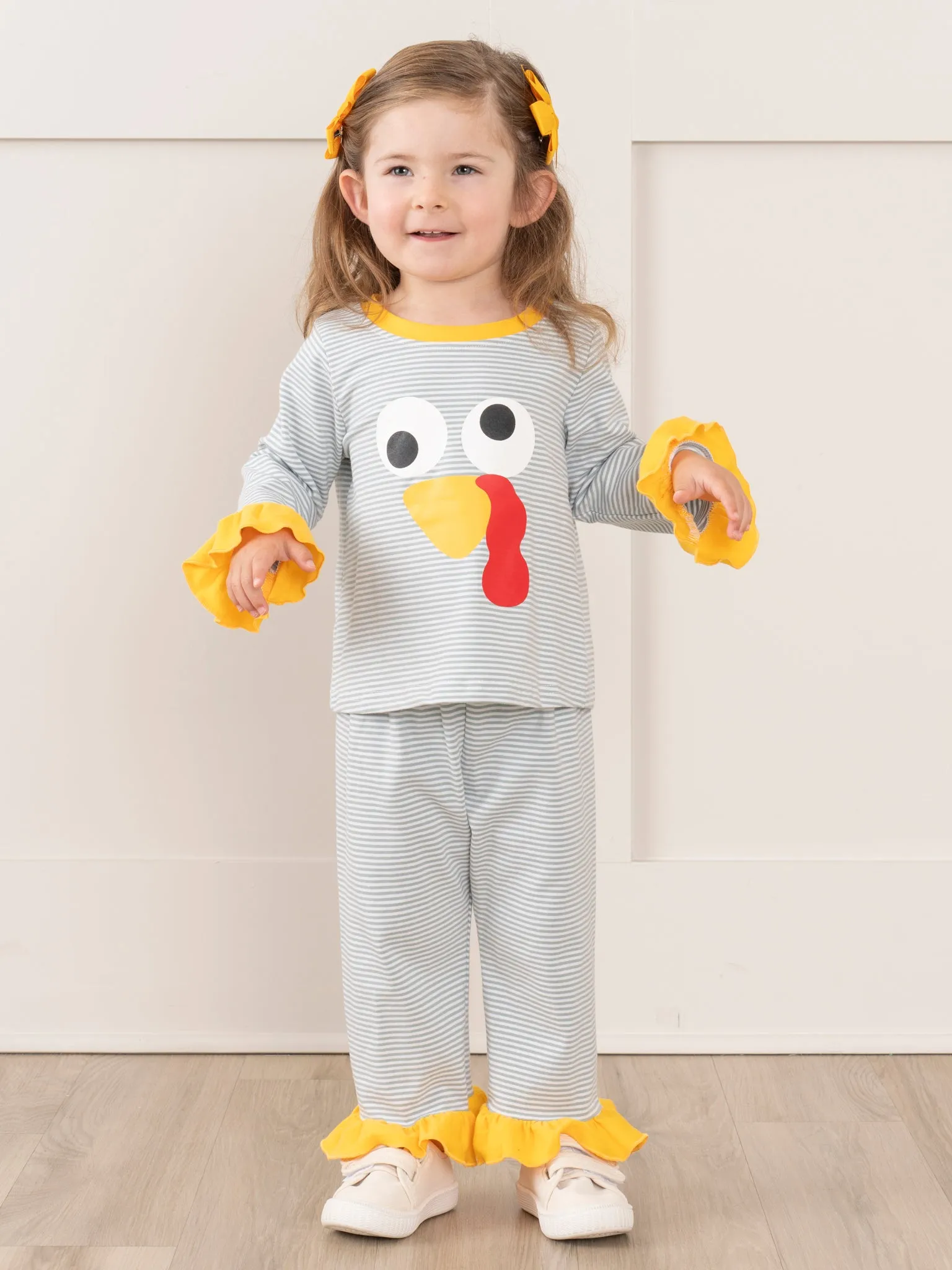 Grey Striped Turkey Ruffle Pajamas
