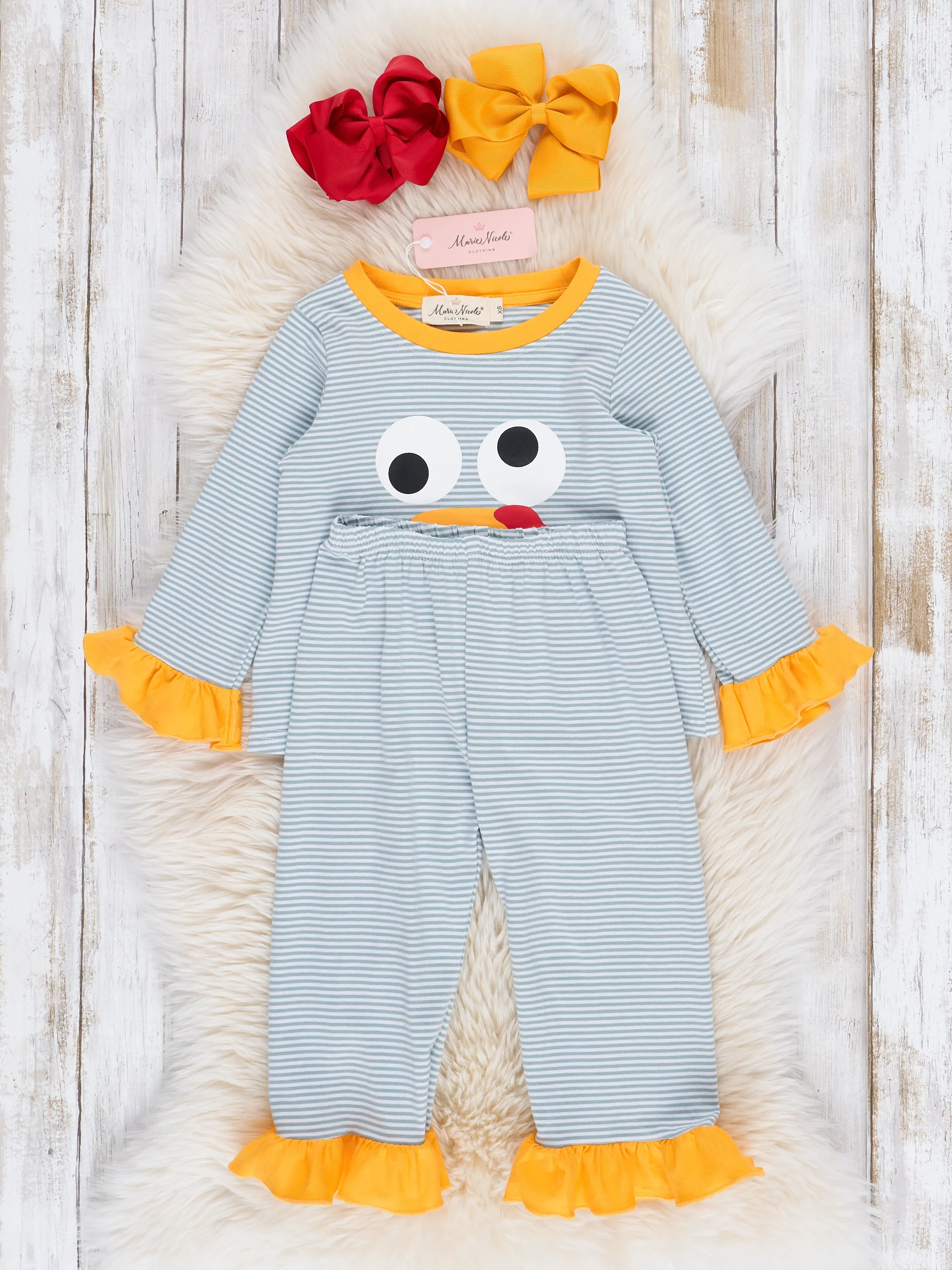Grey Striped Turkey Ruffle Pajamas