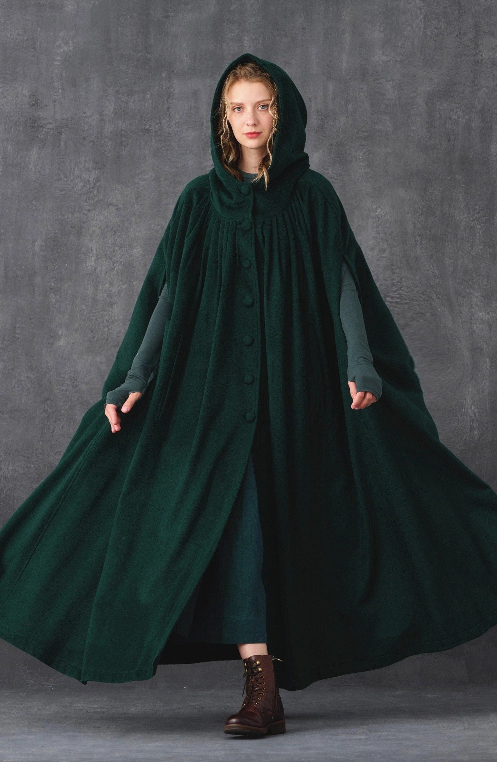 ARIEL 14 | HOODED WOOL CLOAK COAT Effortless Touch Sheer Panel