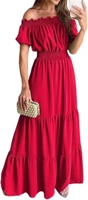 GUOYUXIAO Women's Dress Elastic Waist Off Shoulder A-Line Skirt
