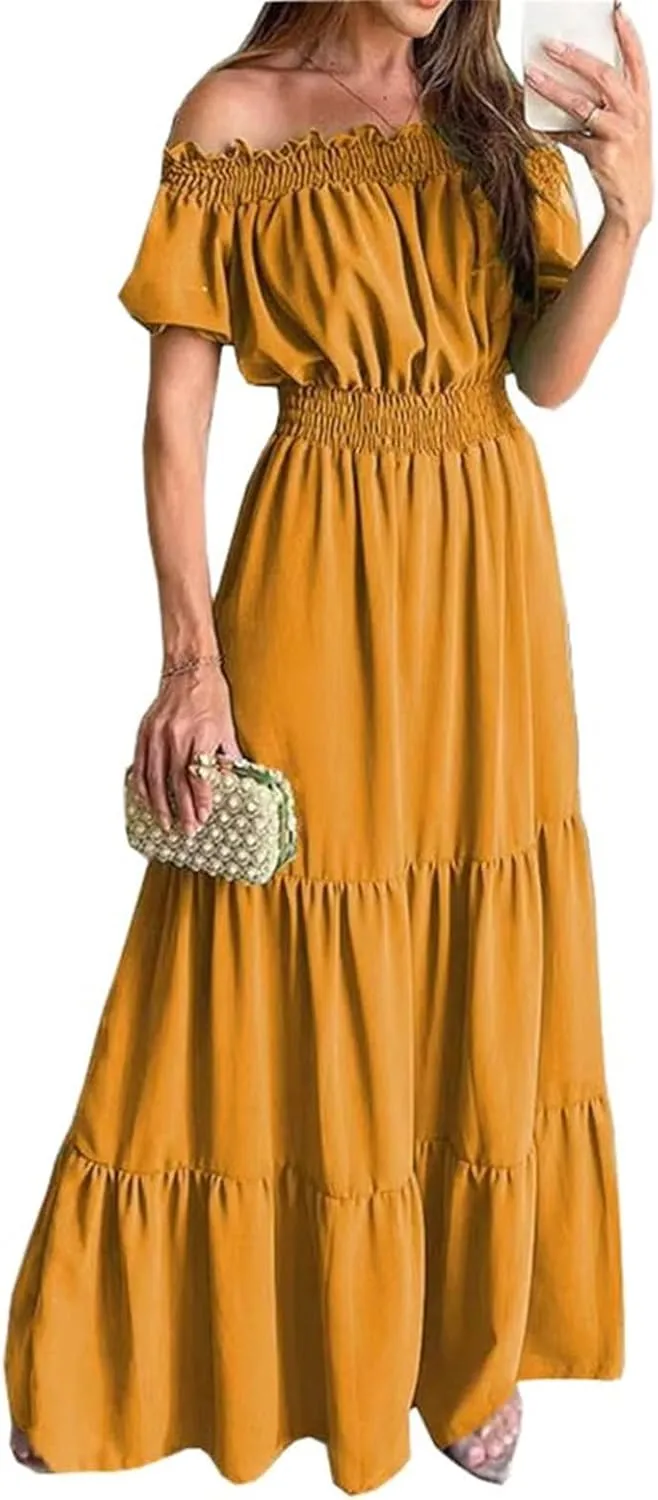 GUOYUXIAO Women's Dress Elastic Waist Off Shoulder A-Line Skirt