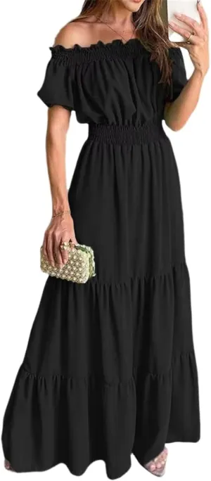 GUOYUXIAO Women's Dress Elastic Waist Off Shoulder A-Line Skirt