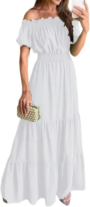 GUOYUXIAO Women's Dress Elastic Waist Off Shoulder A-Line Skirt