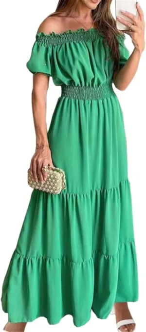 GUOYUXIAO Women's Dress Elastic Waist Off Shoulder A-Line Skirt