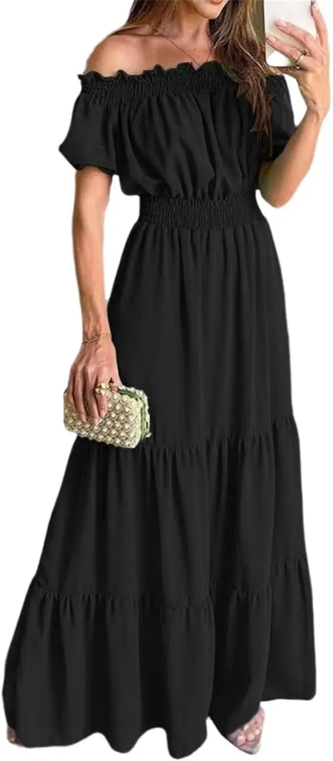 GUOYUXIAO Women's Dress Elastic Waist Off Shoulder A-Line Skirt
