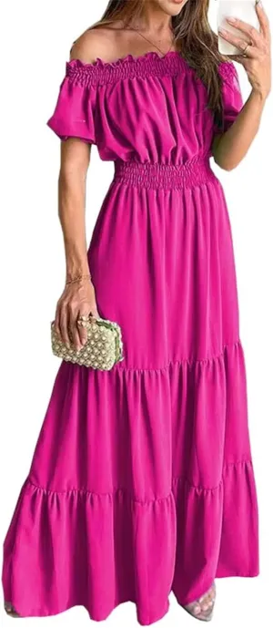 GUOYUXIAO Women's Dress Elastic Waist Off Shoulder A-Line Skirt