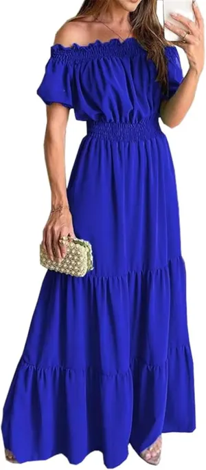 GUOYUXIAO Women's Dress Elastic Waist Off Shoulder A-Line Skirt