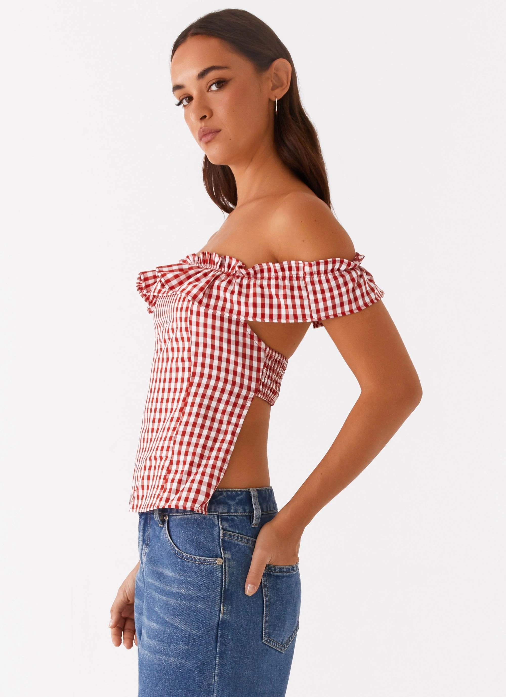 Gwyneth Top - Red Gingham Flatlock stitching Oversized Collar