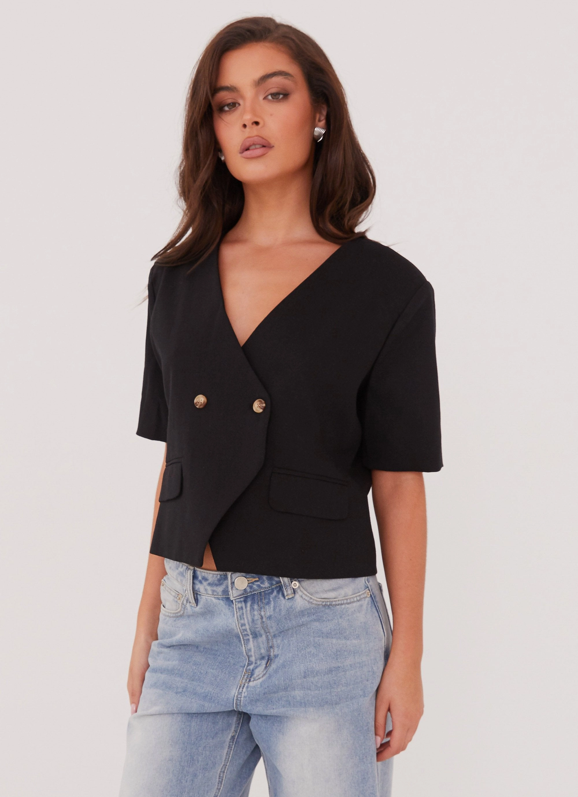 Contoured Side Panels Tailored Silhouette Hacienda Linen Short Sleeve Blazer - Black