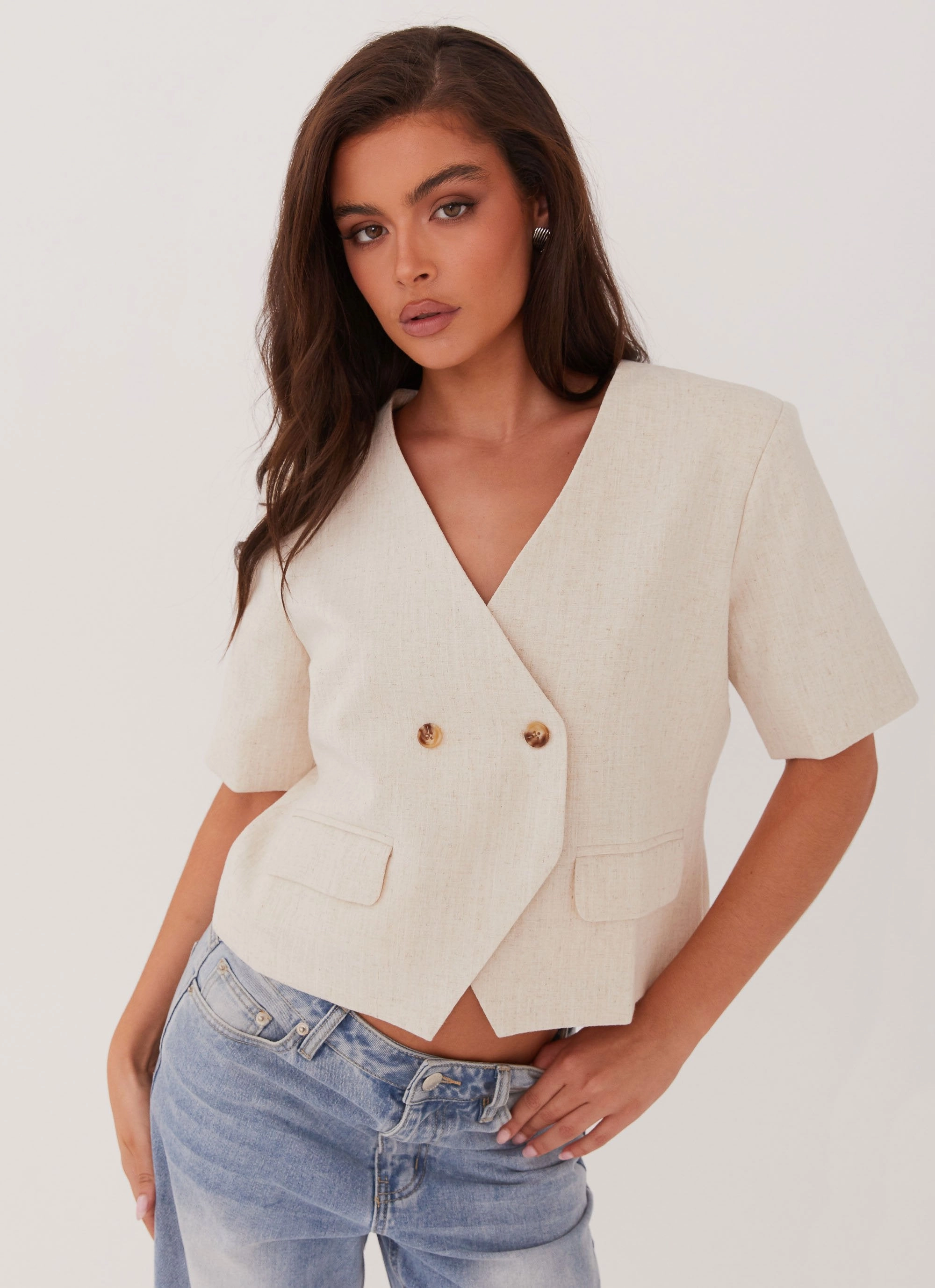 Hacienda Linen Short Sleeve Blazer - Oatmeal Ultra Soft Texture