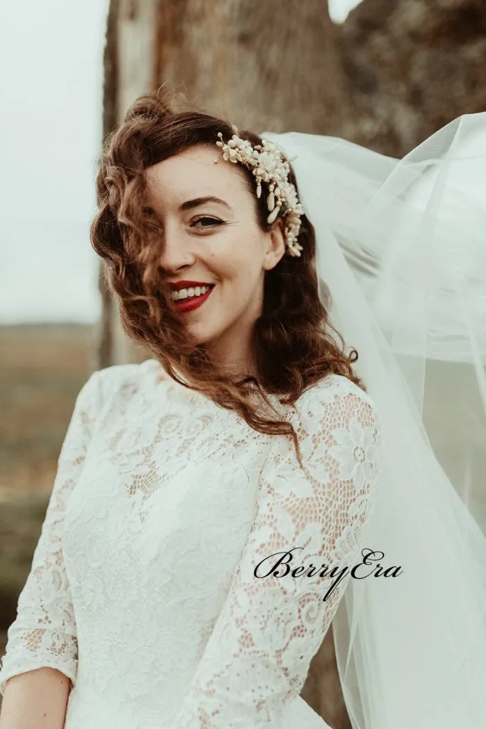 Half Sleeves Lace A-line Wedding Dresses, A-line Wedding Dresses, Bridal Gown